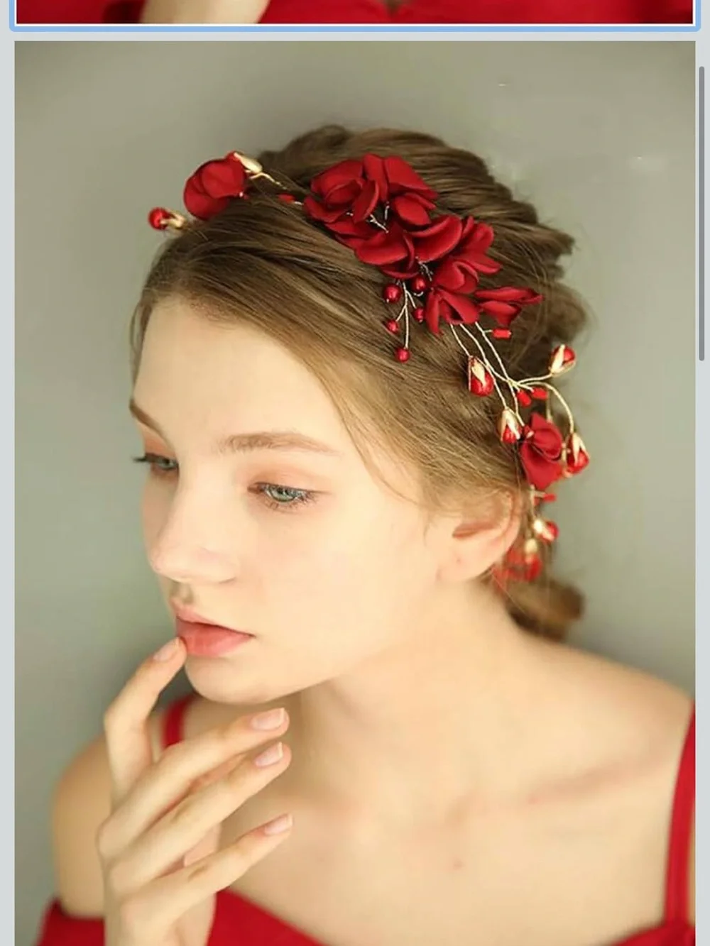 Amazon Red Floral Hair Vine with Gold Accents